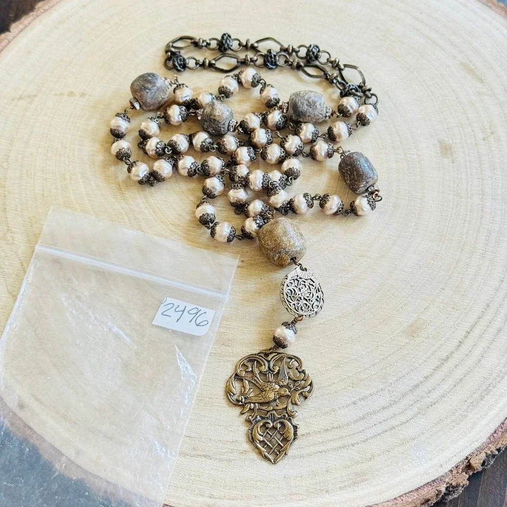 Regency style Baroque pearl Bird Necklace VTG‎ long beaded filigree bronze 35